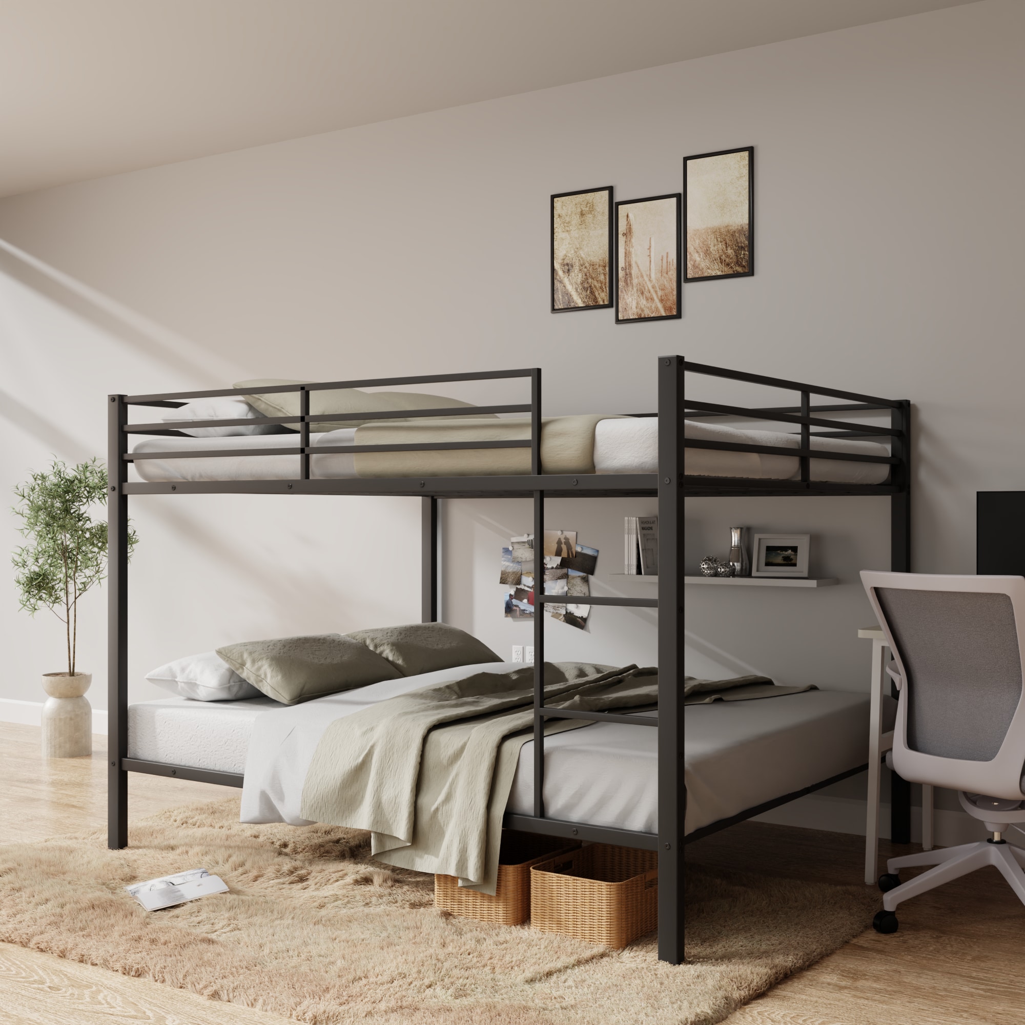 Full Over Full Bunk Bed, Heavy Duty Metal Bunk Bed Frame With Built-in Ladder And Safety Guard Rail, Low Metal Bunk Bed Frame For Kids, No Boxspring Required, For Small Spaces, Black_voghion.com